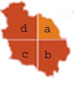 Il territorio di Volterra suddiviso in quattro quadranti, corrispondenti alla legenda sottostante: in senso orario a partire dalla lettera A in alto a destra