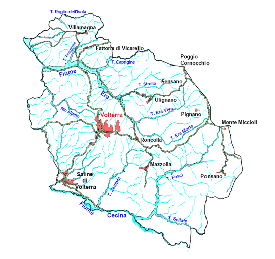 Cartina del territorio del Comune di Volterra: sono visibili i centri abitati, le strade di collegamento e i corsi d'acqua principali